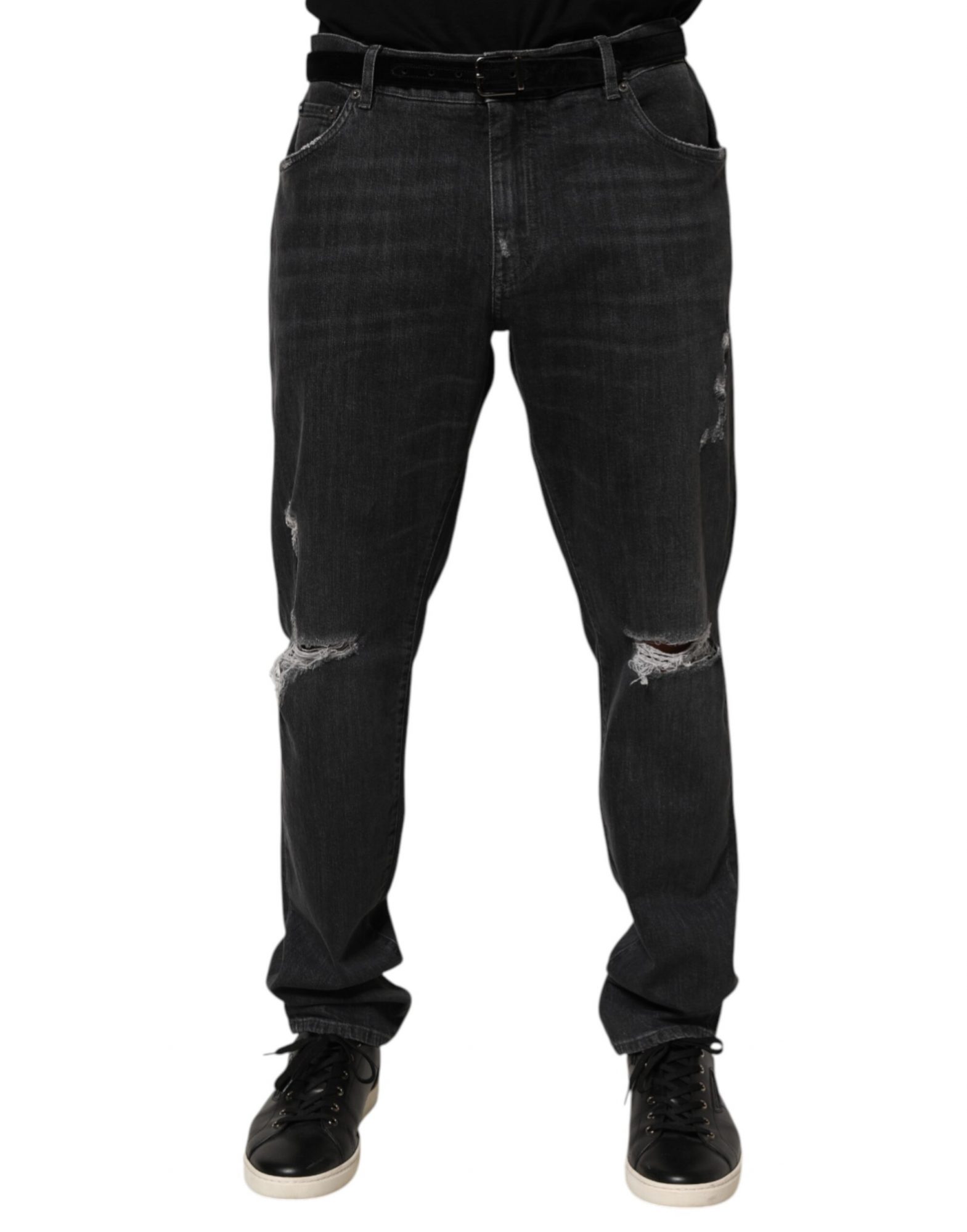Dolce & Gabbana Schwarze Slim Fit-Jeans aus Baumwolle mit zerrissenem Logo