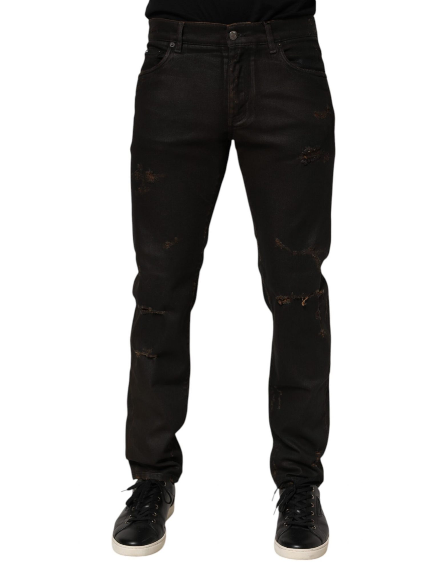Dolce & Gabbana Dunkelbraune zerfledderte Baumwoll-Skinny-Denim-Jeans