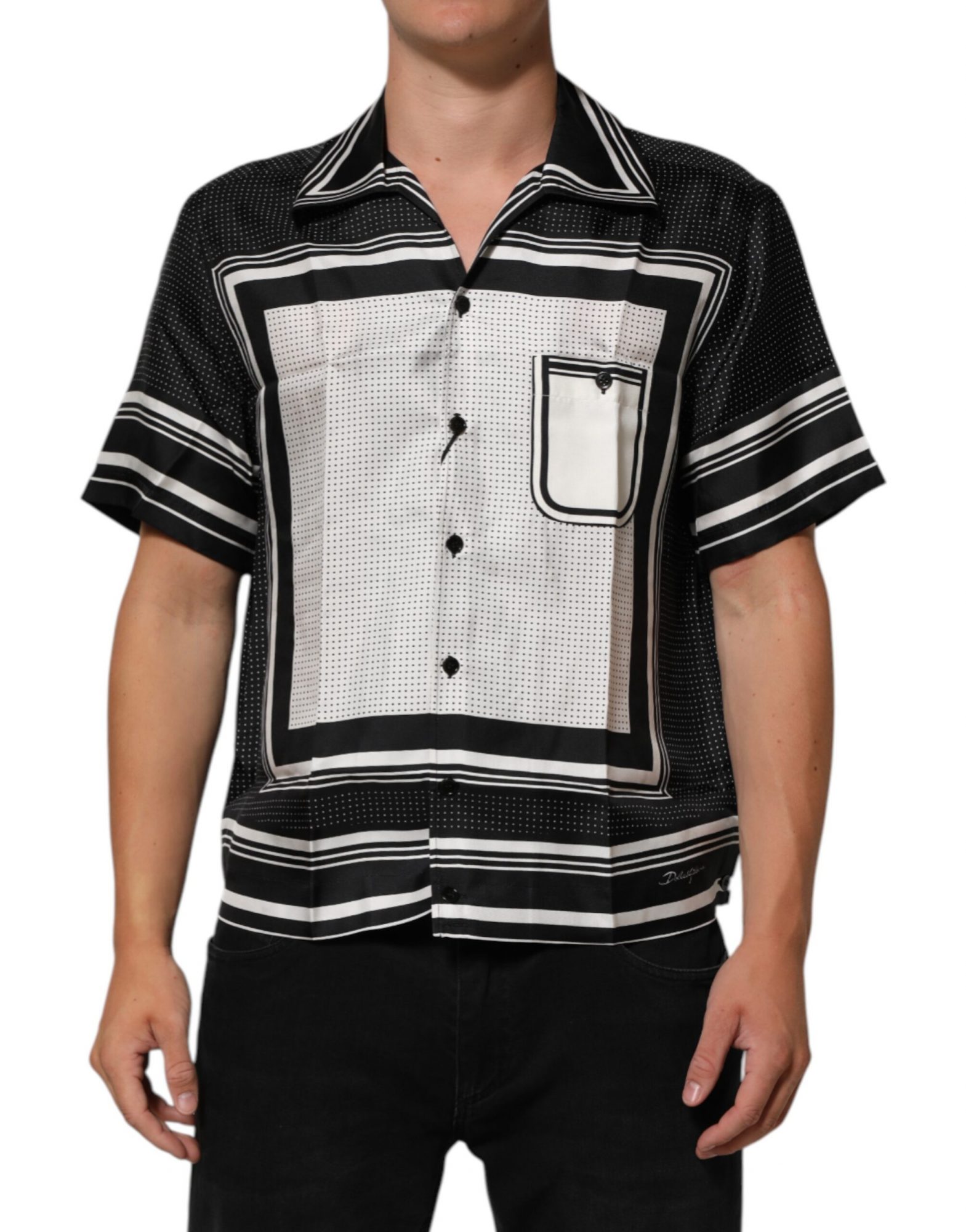 Dolce & Gabbana Schwarzes weißes StreifenPunkt Print Casual Polo Shirt