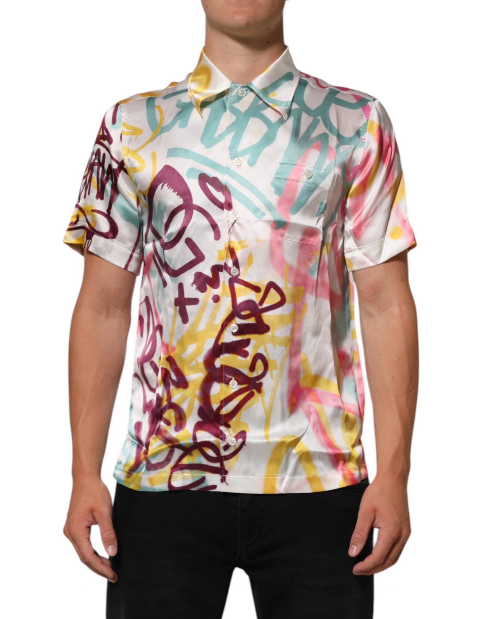Dolce & Gabbana Weißes Seiden-Hawaii-Graffiti-Shirt für Männer Freizeithemd