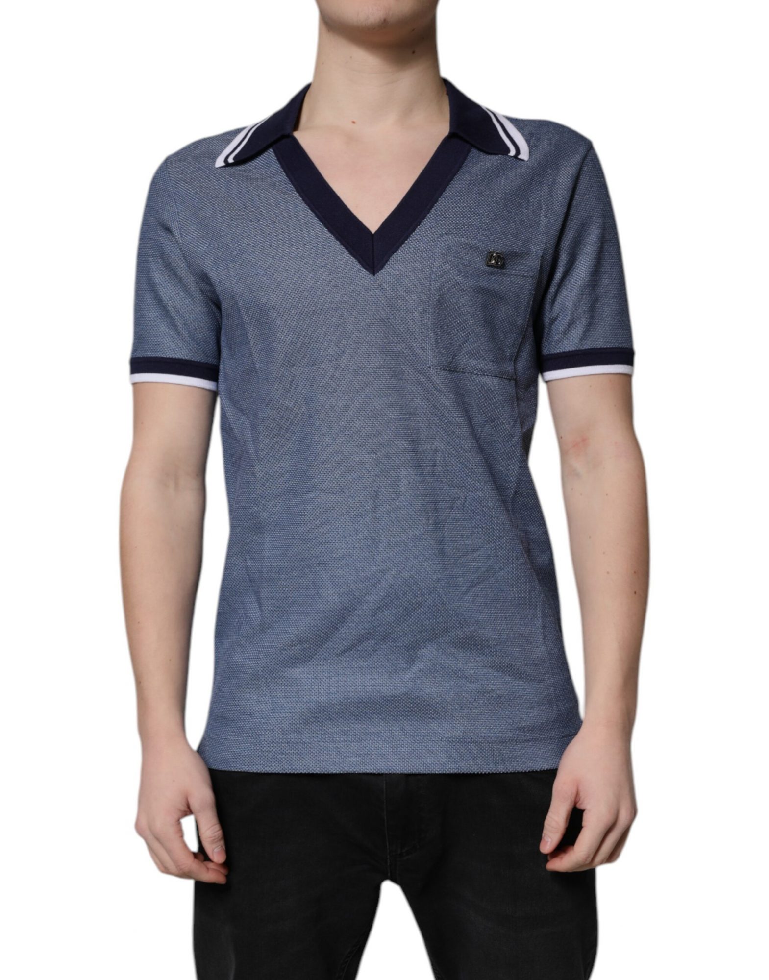 Dolce & Gabbana Blaues Polo-T-Shirt mit V-Ausschnitt aus Seidenmischung