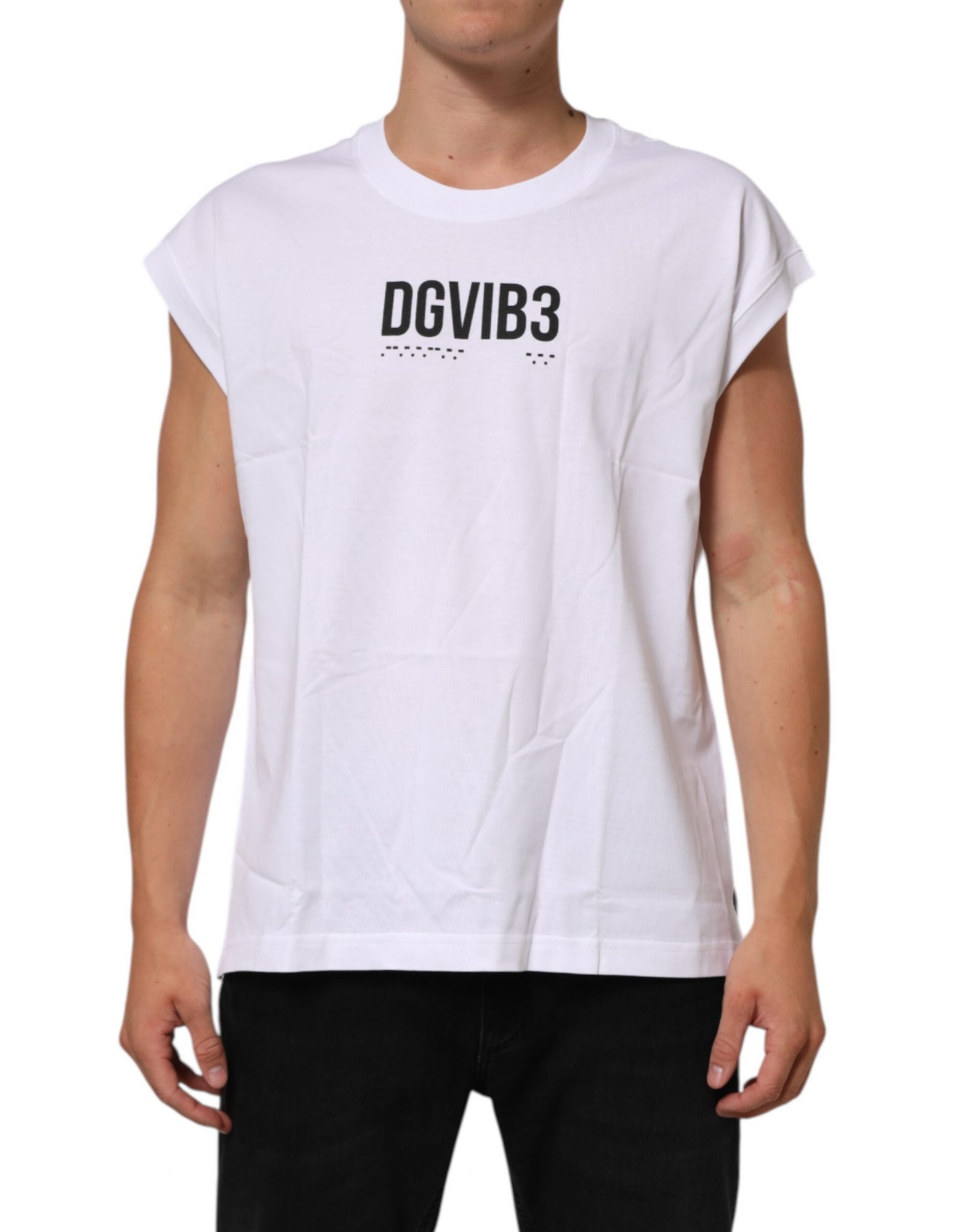Dolce & Gabbana Weißes ärmelloses bedrucktes Tank-T-Shirt aus Baumwolle