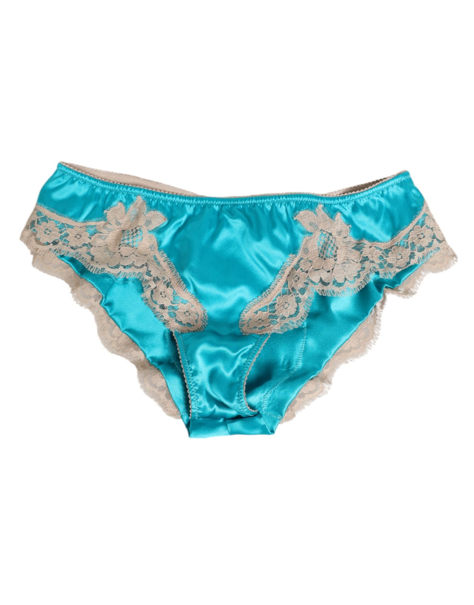 Dolce & Gabbana Blauer Seidensatin mit floralen Spitzenbesätzen Neuer Slip Unterwäsche