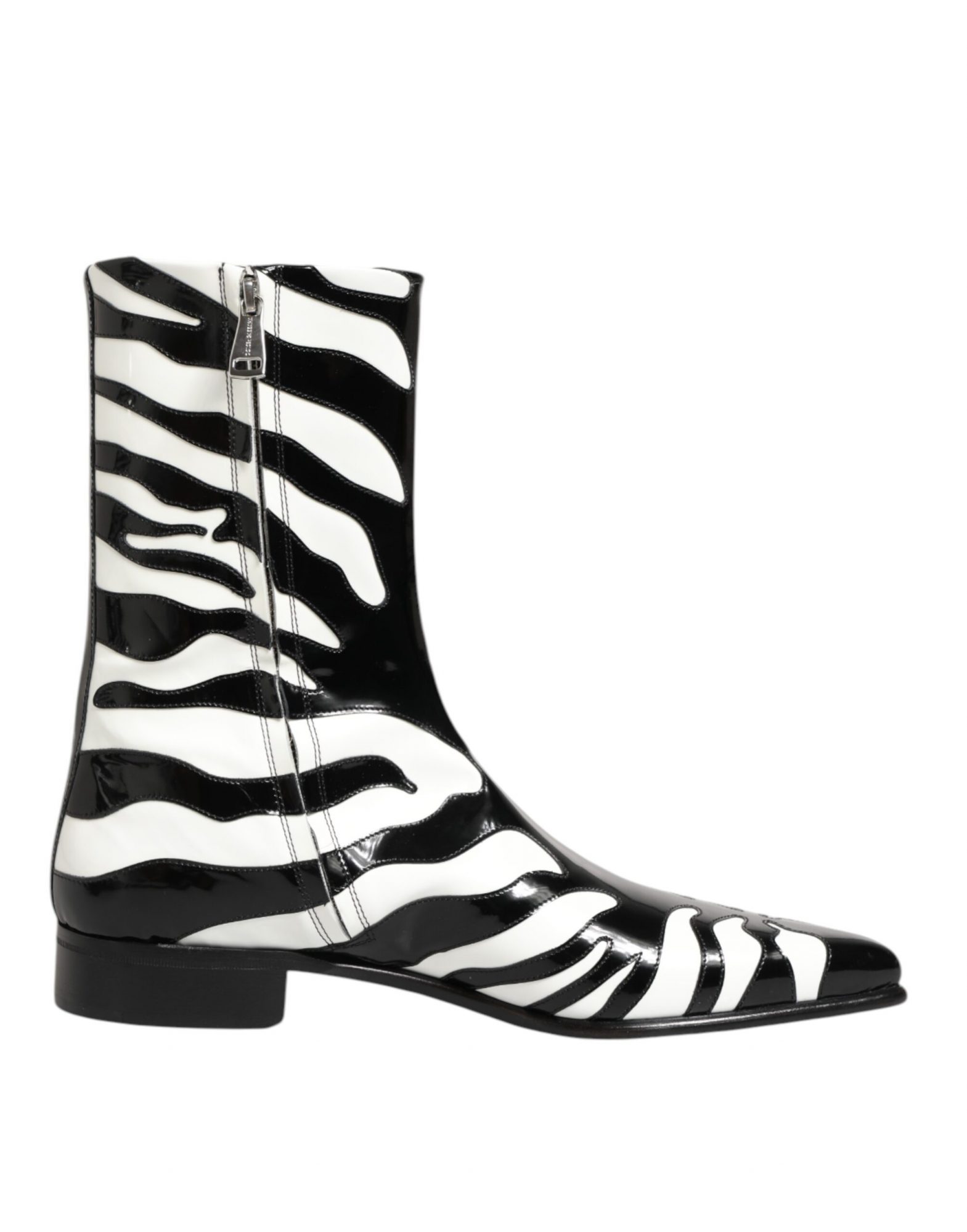 Dolce & Gabbana Schwarz Weiß Zebra Leder Mid Calf Stiefel Schuhe