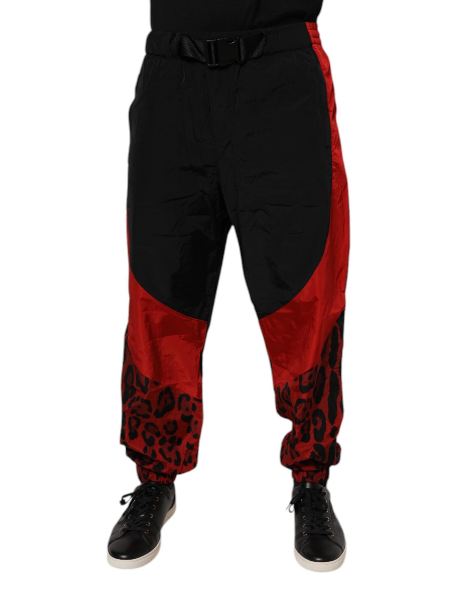 Dolce & Gabbana Schwarz-Rot Leopard Print Nylon Jogger Hose