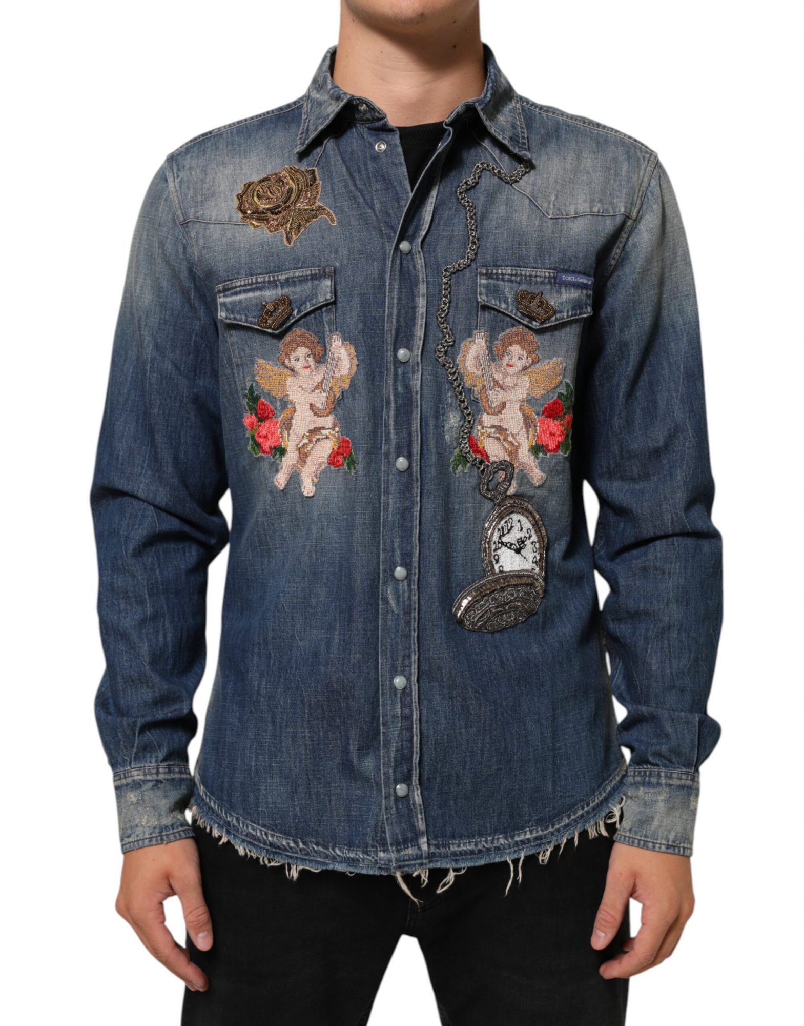 Dolce & Gabbana Blauer Engel Patch Denim geknöpft unten Männer Hemd