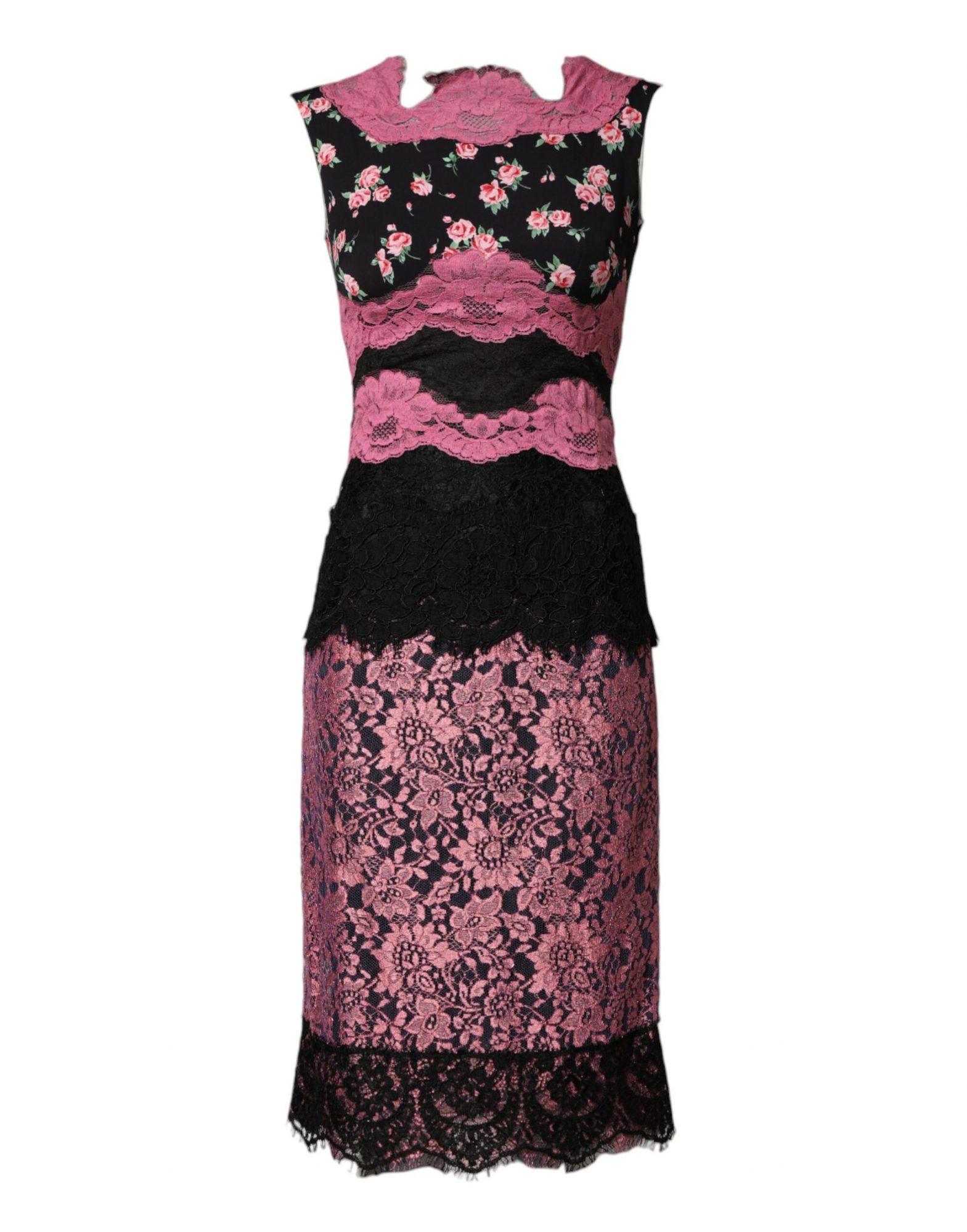 Dolce & Gabbana Schwarzes Seidenkleid mit rosa Blumenspitze