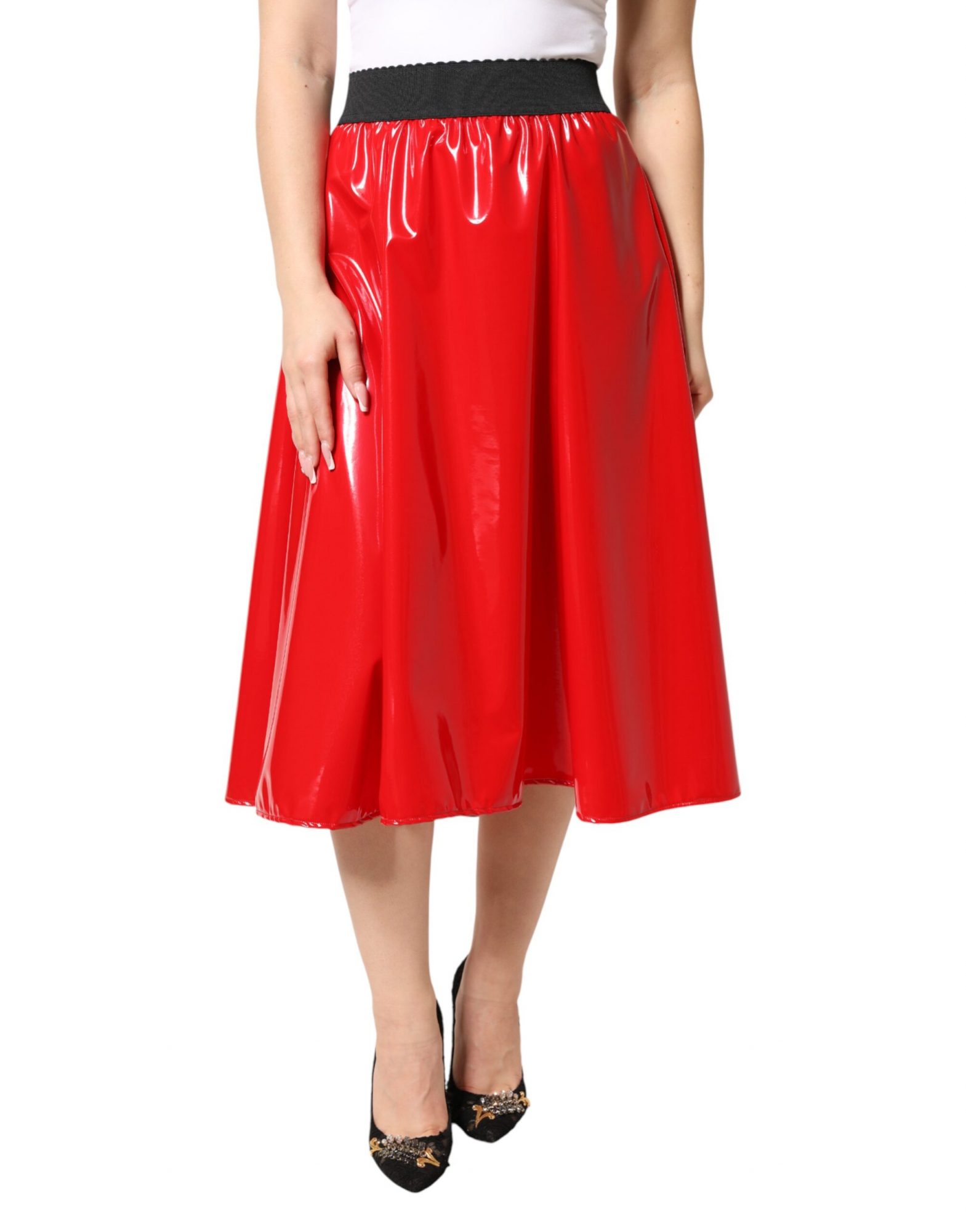 Dolce & Gabbana Glänzender Roter Polyester-Midirock mit hoher Taille